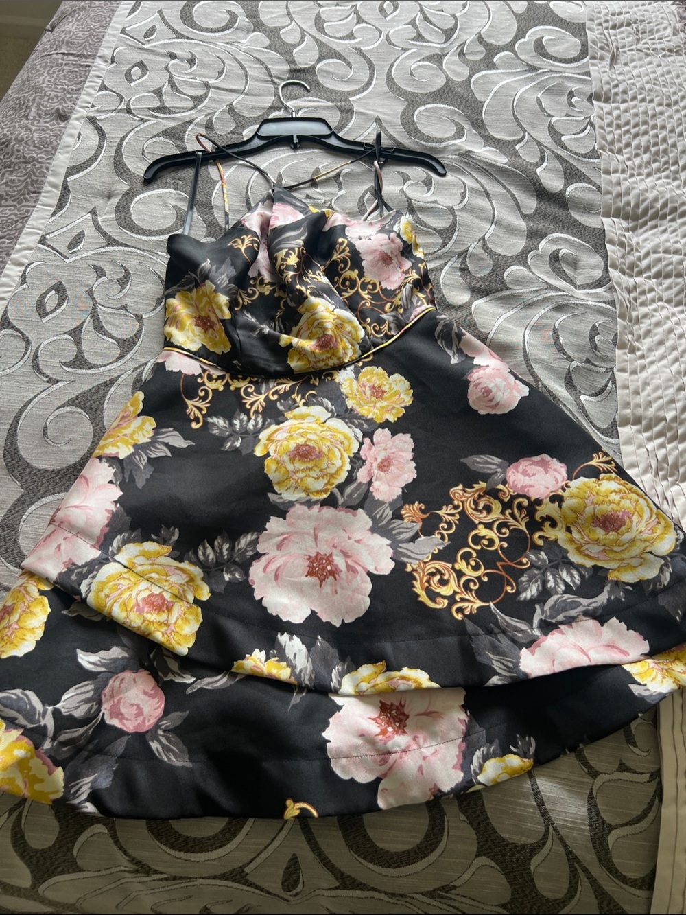 BCX Black Floral Slip Dress with Yellow and Pink Roses